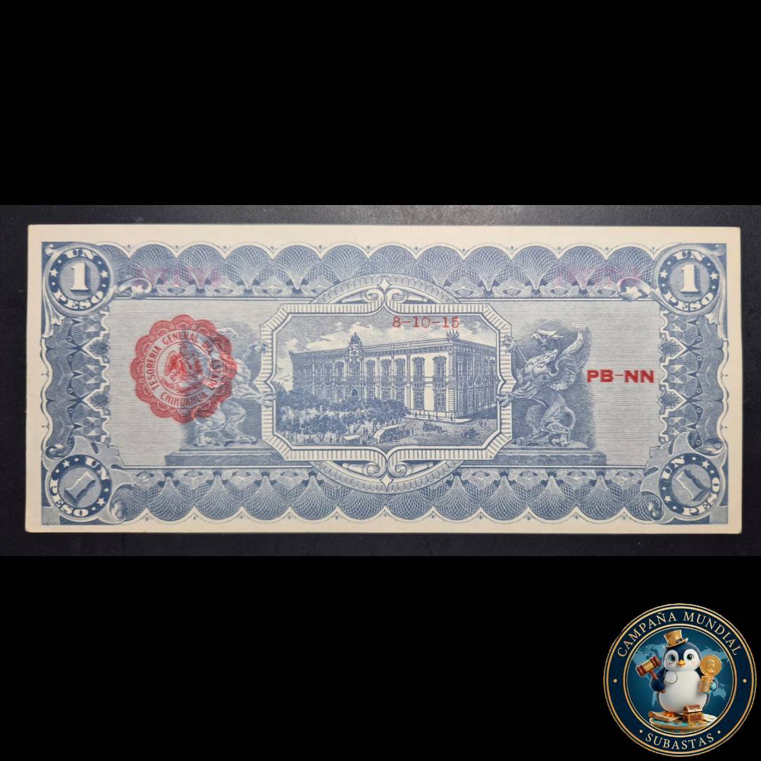 D1324 BILLETE DE UN PESO DEL BANO DEL ESTADO DE HIHUAHUA ON SOBREARGA DE FECHA 8-10-15  XF+   MEXICO