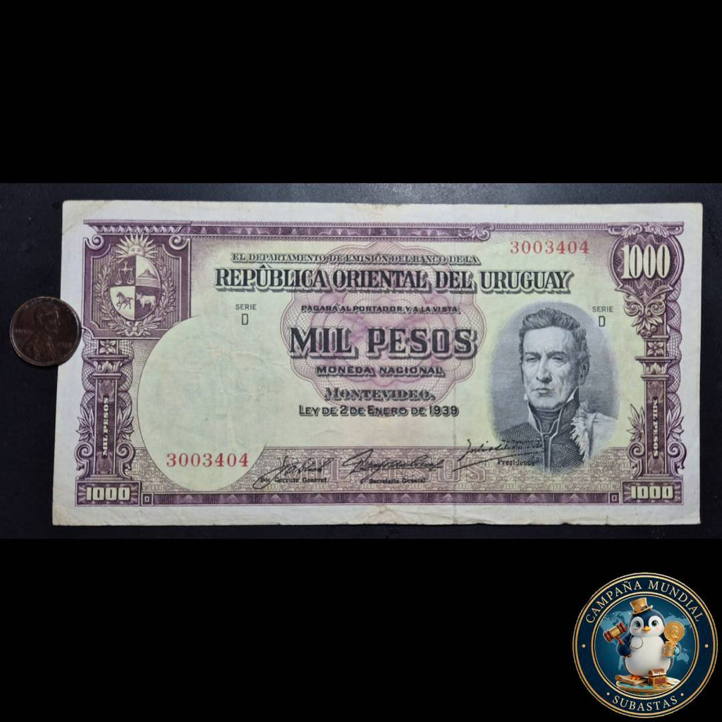 D1325 BILLETE DE GRAN TAMAÑO DE MIL PESOS URUGUAYOS. FEHADO: 2 DE ENRO DE 1939    XF-    URUGUAY