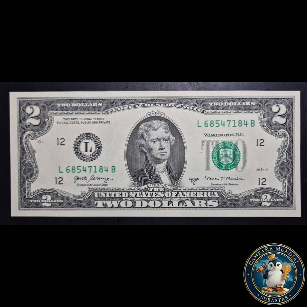 D1328 BILLETE DE DOS(2) DOLLARS SERIE 2017  EN ESTADO UNC