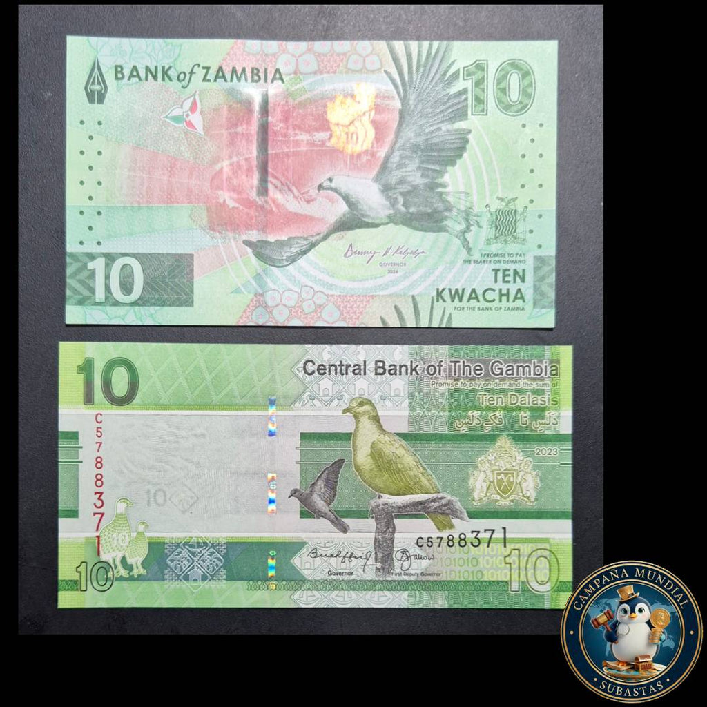 D1329 2x BILLETES DE DIEZ KWACHA DE ZAMBIA Y DIEZ DALASIS  GAMBIA