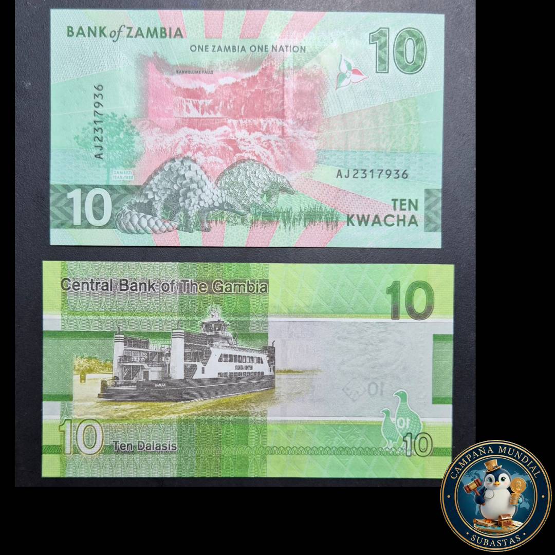 D1329 2x BILLETES DE DIEZ KWACHA DE ZAMBIA Y DIEZ DALASIS  GAMBIA