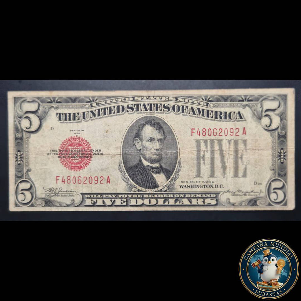 D1332 BILLETE DE CINCO(5) DOLARES SELLO ROJO CON SERIE DE 1928    USA