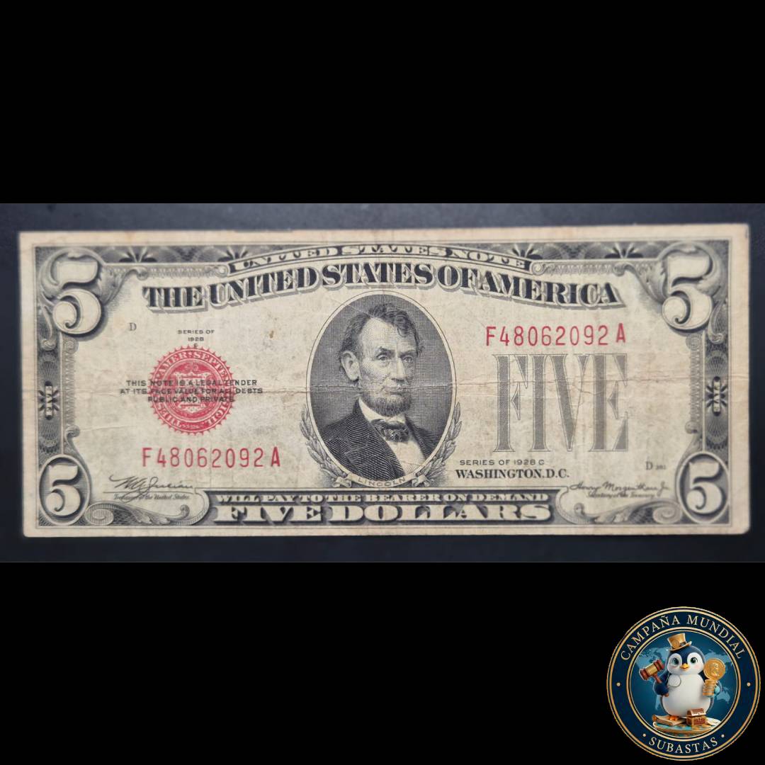 D1332 BILLETE DE CINCO(5) DOLARES SELLO ROJO CON SERIE DE 1928    USA
