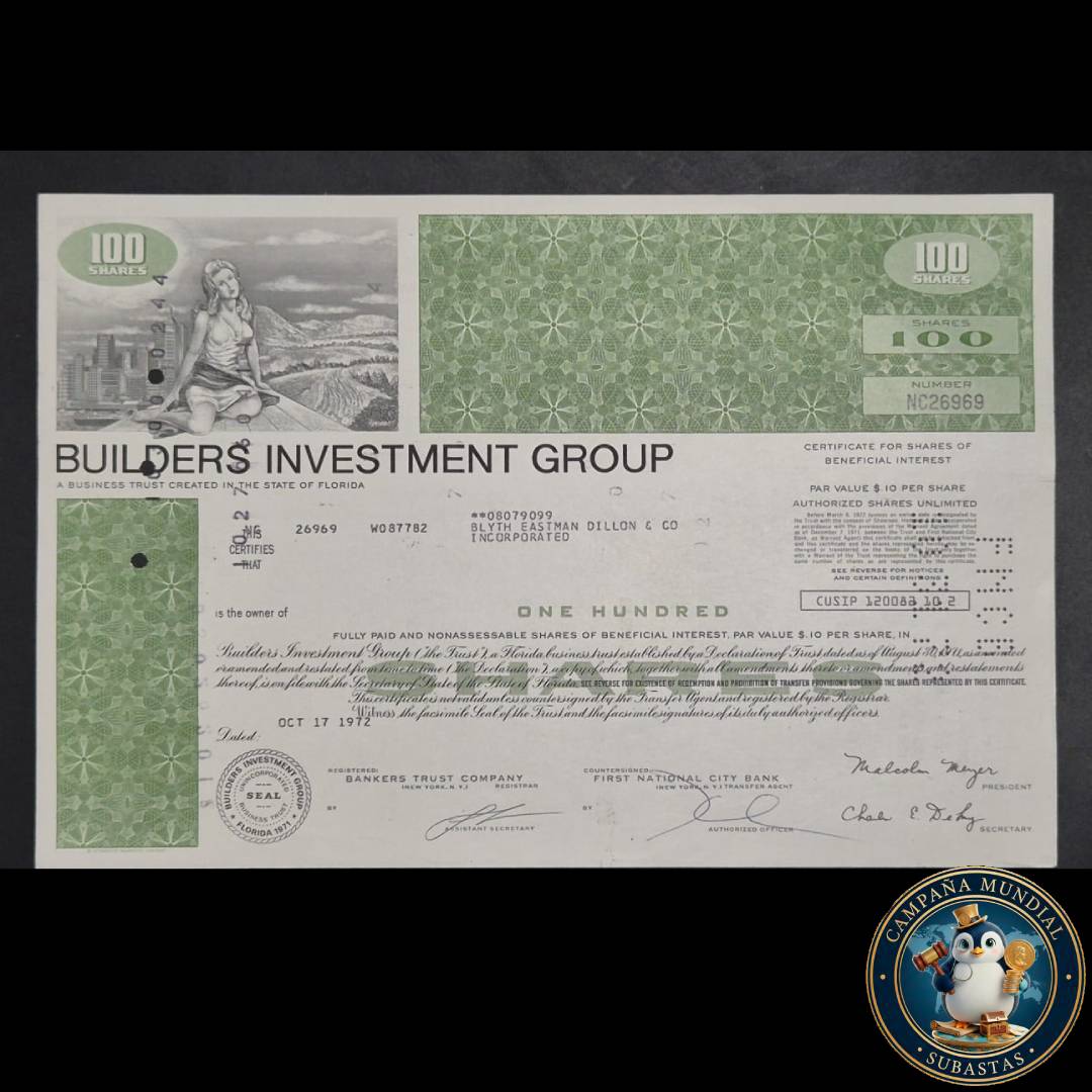 D1338 $100 EN ACCIONES DE BUILDERS INVESTMENT GROUP DE COLECCIÓN    USA