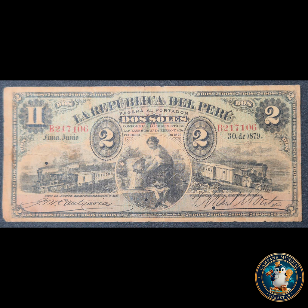 D408 .- BILLETE DE DOS SOLES DE PERÚ   FECHADO: 39 DE JUNIO DE 1879   F+   PERÚ