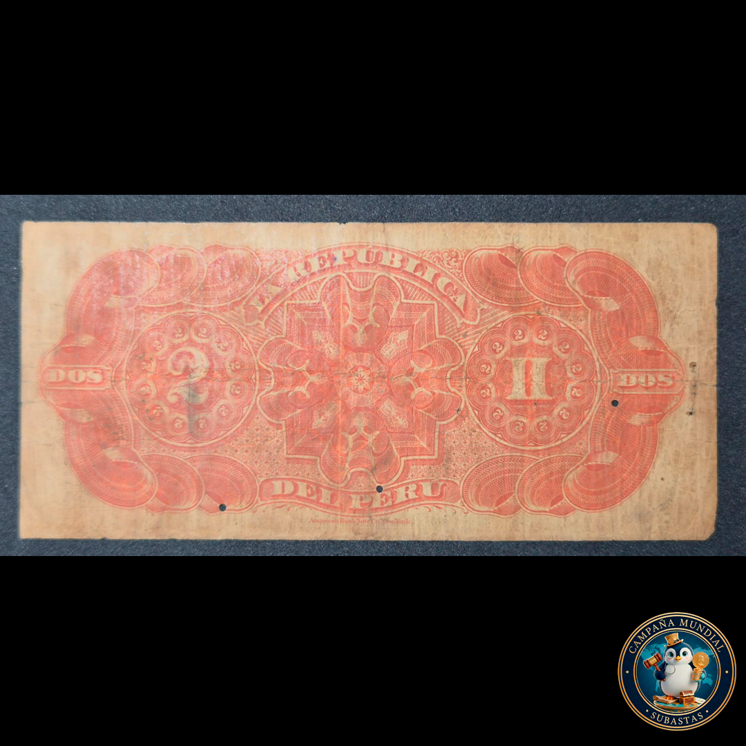 D408 .- BILLETE DE DOS SOLES DE PERÚ   FECHADO: 39 DE JUNIO DE 1879   F+   PERÚ