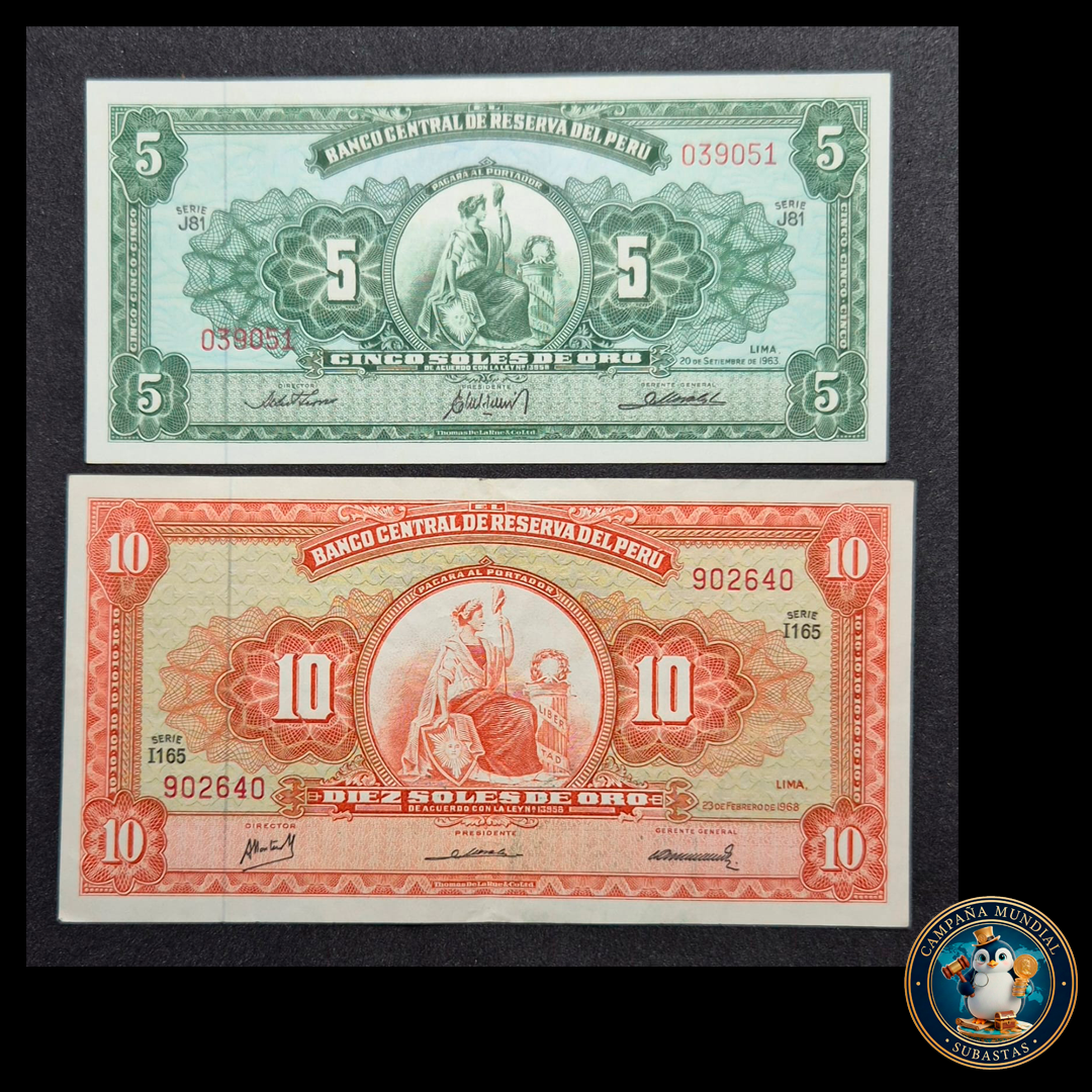 D409 .- 2 x BILLETES DE 5 y 10 SOLES   UNC-   y   XF-   PERÚ