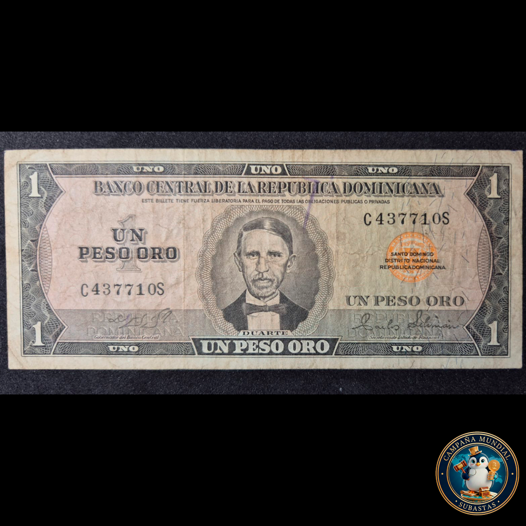 D417 .- BILLETE DE UN PESO DE ORO DE LA REPUBLICA DOMINICANA  (DUARTE)    VF+    REP. DOMINICANA