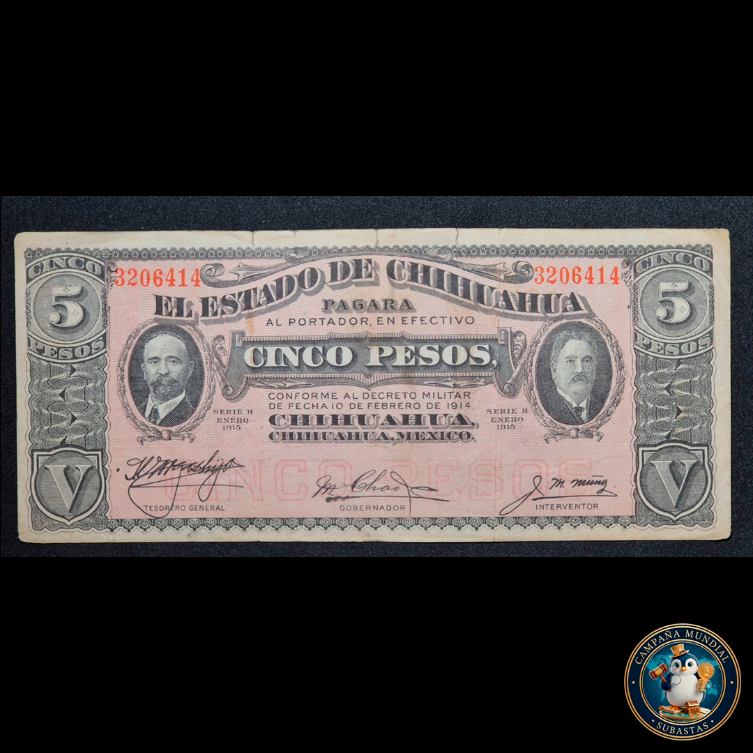 D425 .- BILLETE DE  cinco(5) PESOS DEL BANCO DE CHIHUAHUA, MÉXICO.  FECHADO; ENENRO DE 1915  VF+  MÉXICO