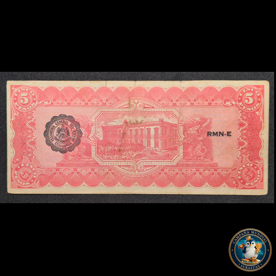 D425 .- BILLETE DE  cinco(5) PESOS DEL BANCO DE CHIHUAHUA, MÉXICO.  FECHADO; ENENRO DE 1915  VF+  MÉXICO