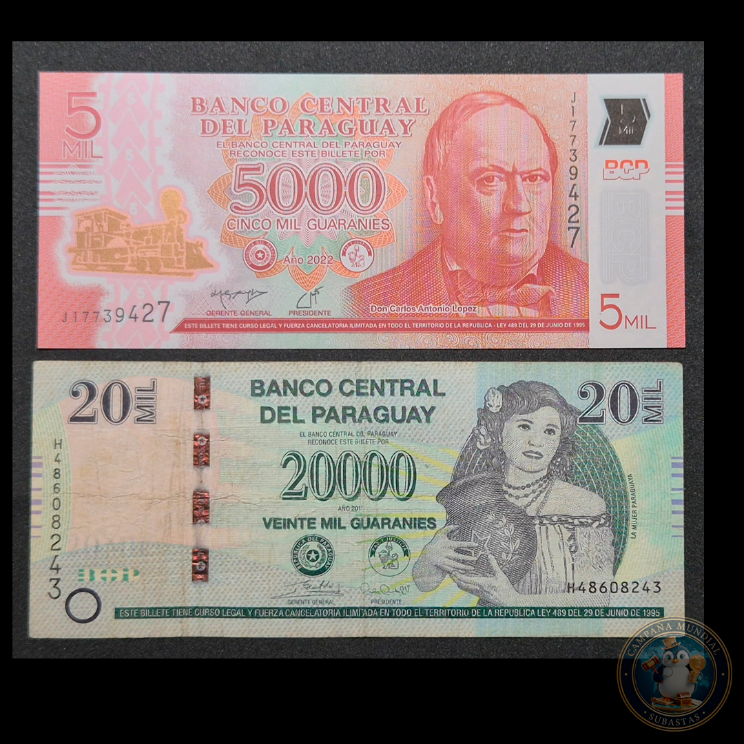 D434 .- 2x BILLETES PARAGUAYOS DE 2000 Y 5000 GUARANIES.   XF-/UNC   PARAGUAY