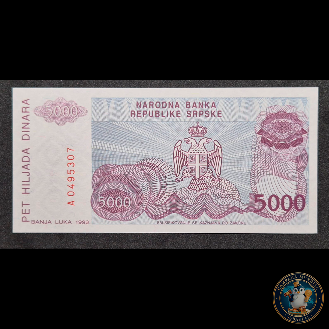 D444 .- BILLETE DE 5000 DINARES DE BOSNIA-HERZEGOVINA. AÑO: 1993   UNC   BOSNIA-HERZEGOVINA