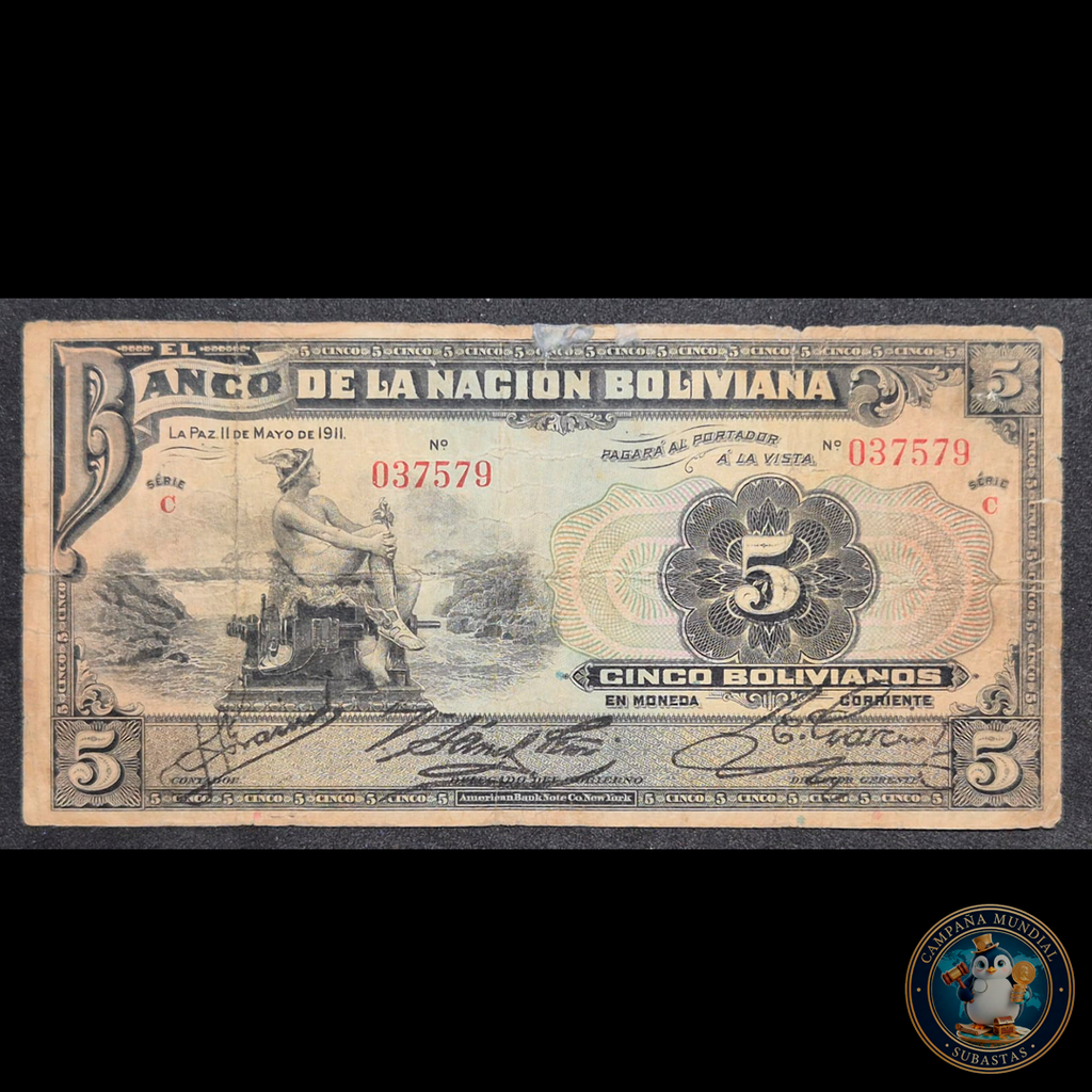 D447 .- BILLETE DE CINCO BOLIVIANOS FECHADO: 11 DE MAYO DE 1911 (AMERICAN BANK NOTE) F+   BOLIVIA