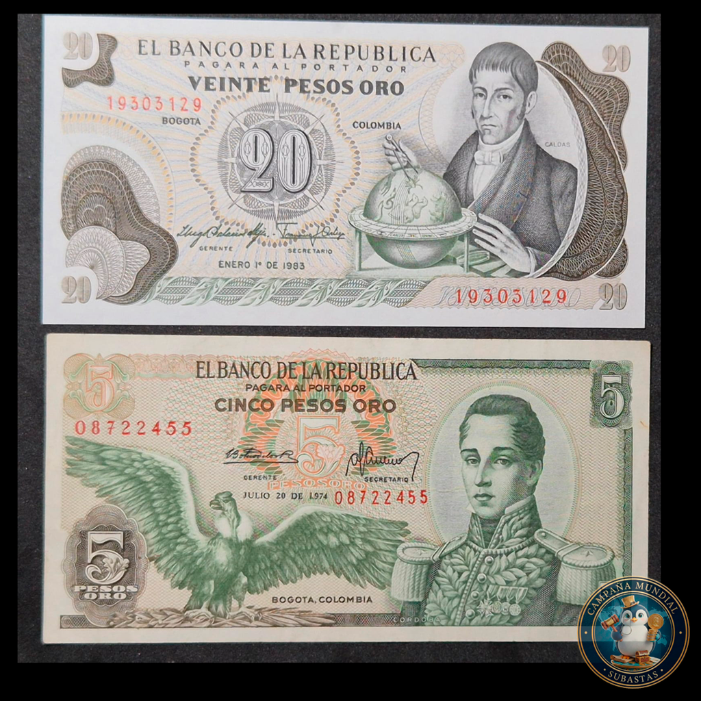 D463 .- 2x BILLETES DE 5 y 20 PESOS COLOMBIANOS. XF+/UNC   COLOMBIA