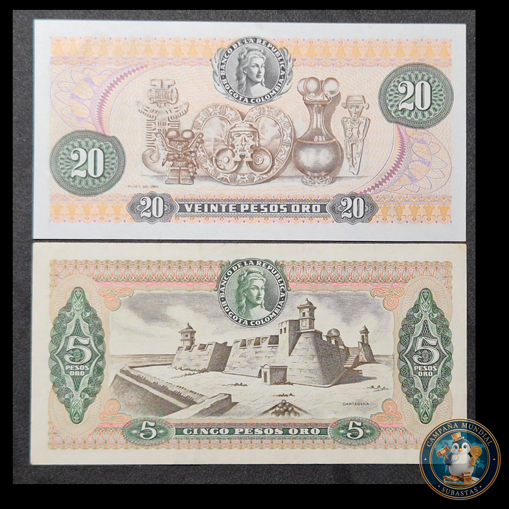 D463 .- 2x BILLETES DE 5 y 20 PESOS COLOMBIANOS. XF+/UNC   COLOMBIA