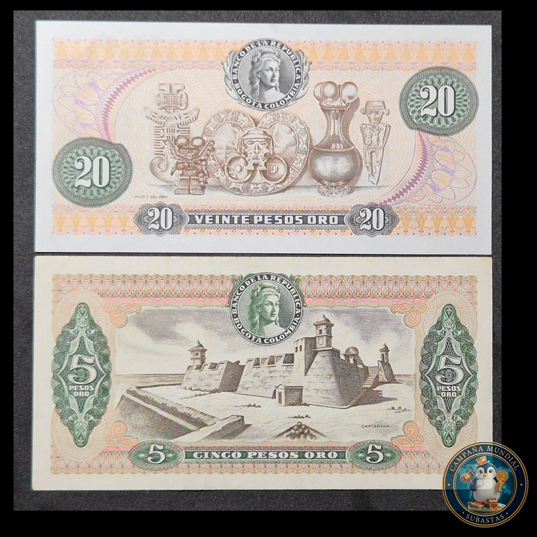 D463 .- 2x BILLETES DE 5 y 20 PESOS COLOMBIANOS. XF+/UNC   COLOMBIA