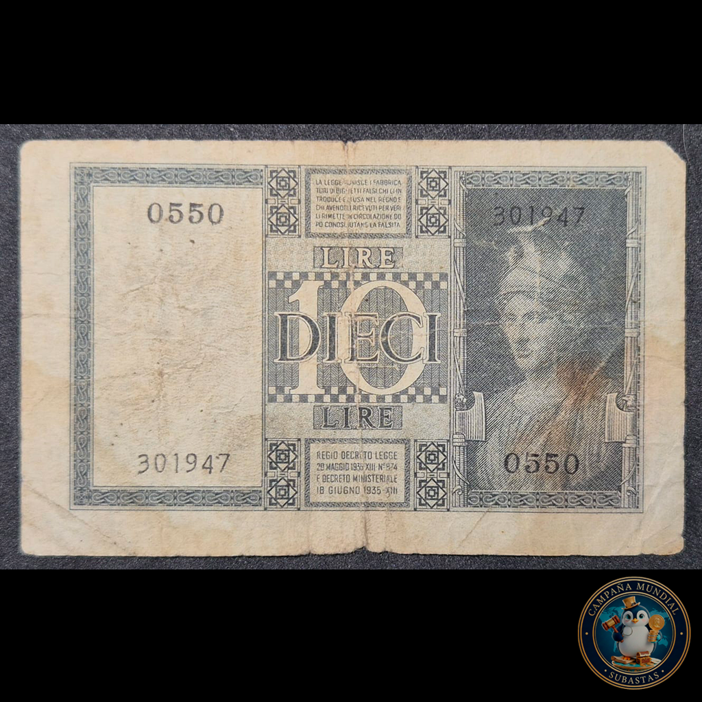 D467 .- BILLETE DE DIEZ(10) LIRA FECHADA: 18 DE JUNIO DE 1935. F  ITALIA