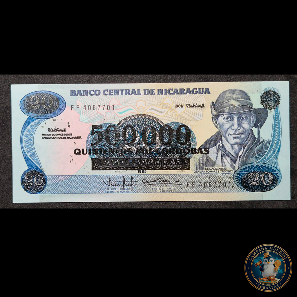 D475 .- BILLETE DE 20 CORDOBAS, CON SELLO DE SOBRECARGA DE 500.000 CORDOBESES. UNC  NICARAGUA