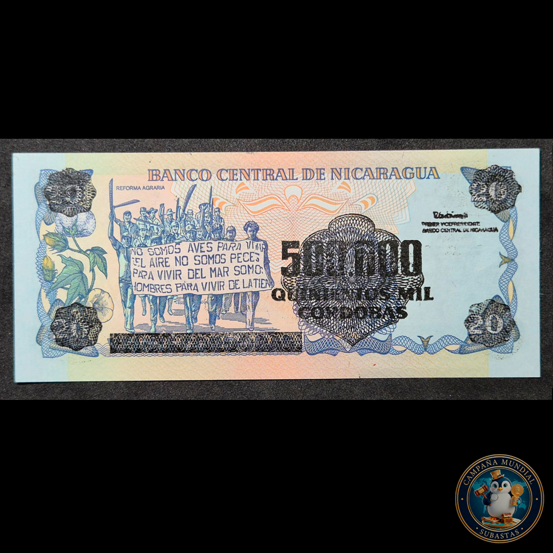 D475 .- BILLETE DE 20 CORDOBAS, CON SELLO DE SOBRECARGA DE 500.000 CORDOBESES. UNC  NICARAGUA
