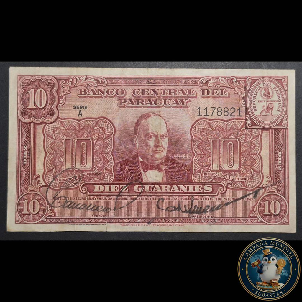D819 .- BILLETE DE 10 GUARANIES DE PARAGUAY EMITIDO POR "THOMAS  DE LA RUE & COY LTD LONDRES, INGLATERRA". DECADA DE LOS AÑOS 50.   VF+  PARAGUAY