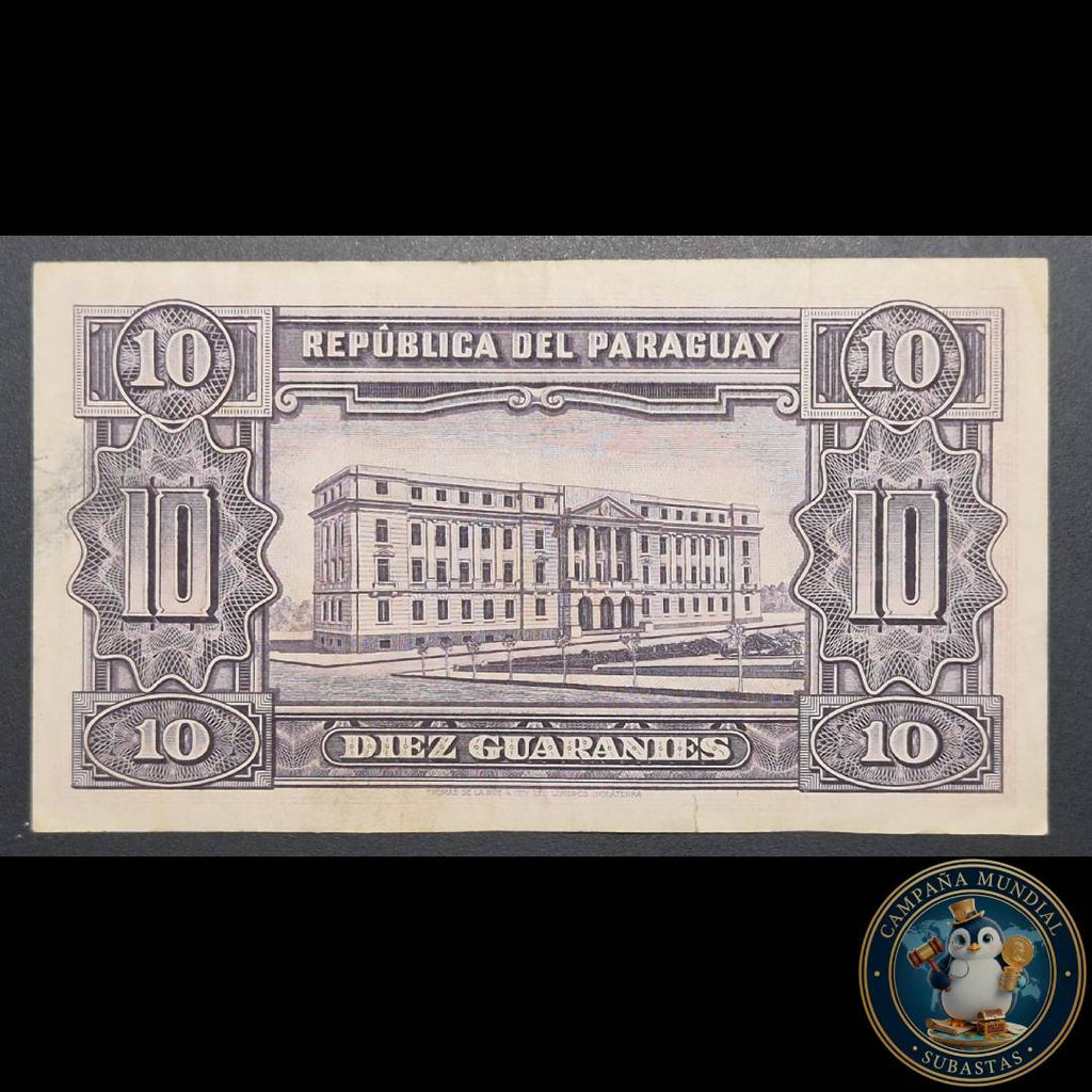 D819 .- BILLETE DE 10 GUARANIES DE PARAGUAY EMITIDO POR "THOMAS  DE LA RUE & COY LTD LONDRES, INGLATERRA". DECADA DE LOS AÑOS 50.   VF+  PARAGUAY