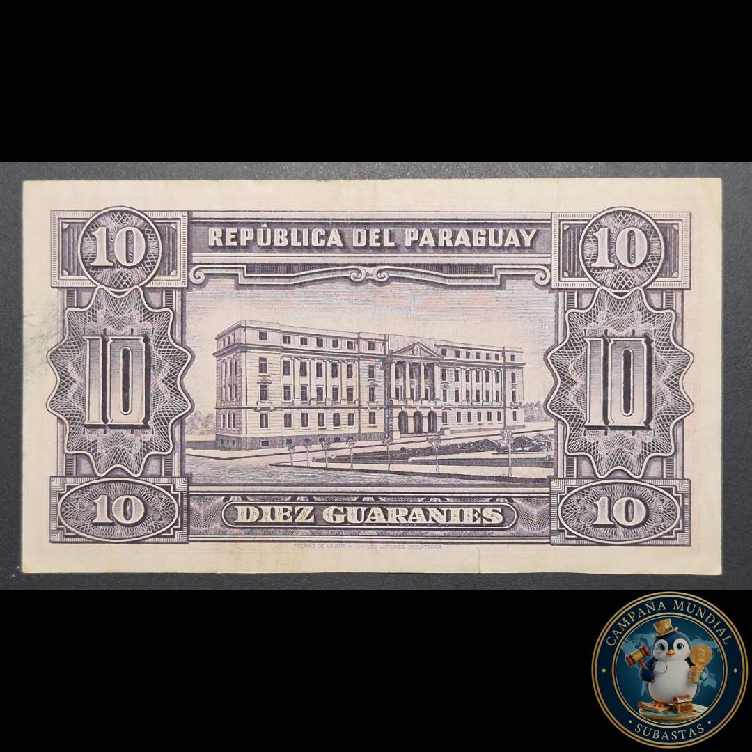 D819 .- BILLETE DE 10 GUARANIES DE PARAGUAY EMITIDO POR "THOMAS  DE LA RUE & COY LTD LONDRES, INGLATERRA". DECADA DE LOS AÑOS 50.   VF+  PARAGUAY