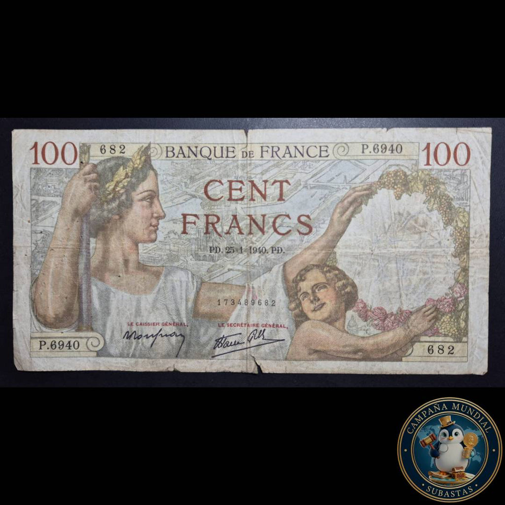D822 .- BILLETE DE 100 FRANCOS FRANCESES FECHADO 25-1-1940 (EMITIDO DURANTE LA 2da GUERRA MUNDIAL)  F     FRANCIA