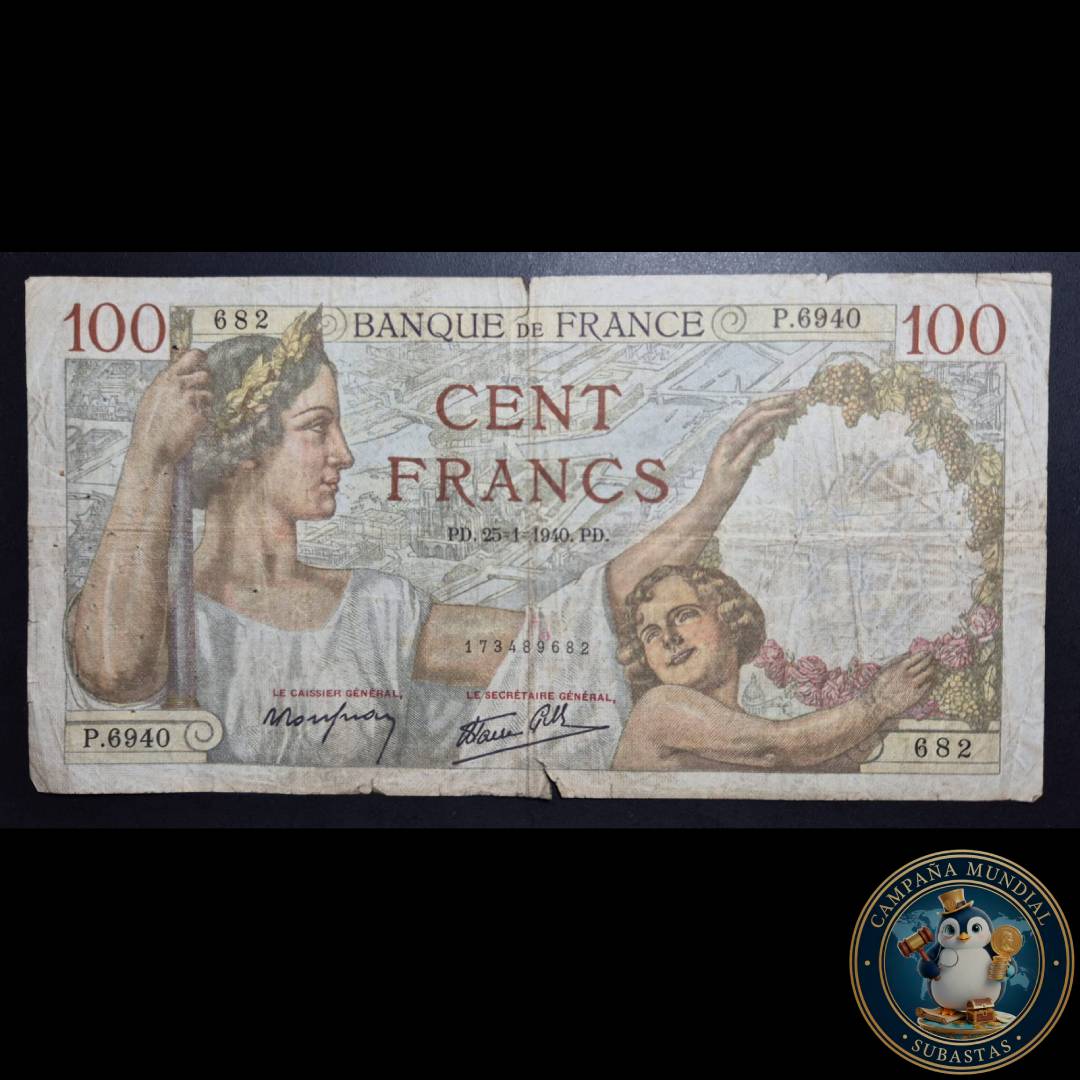 D822 .- BILLETE DE 100 FRANCOS FRANCESES FECHADO 25-1-1940 (EMITIDO DURANTE LA 2da GUERRA MUNDIAL)  F     FRANCIA