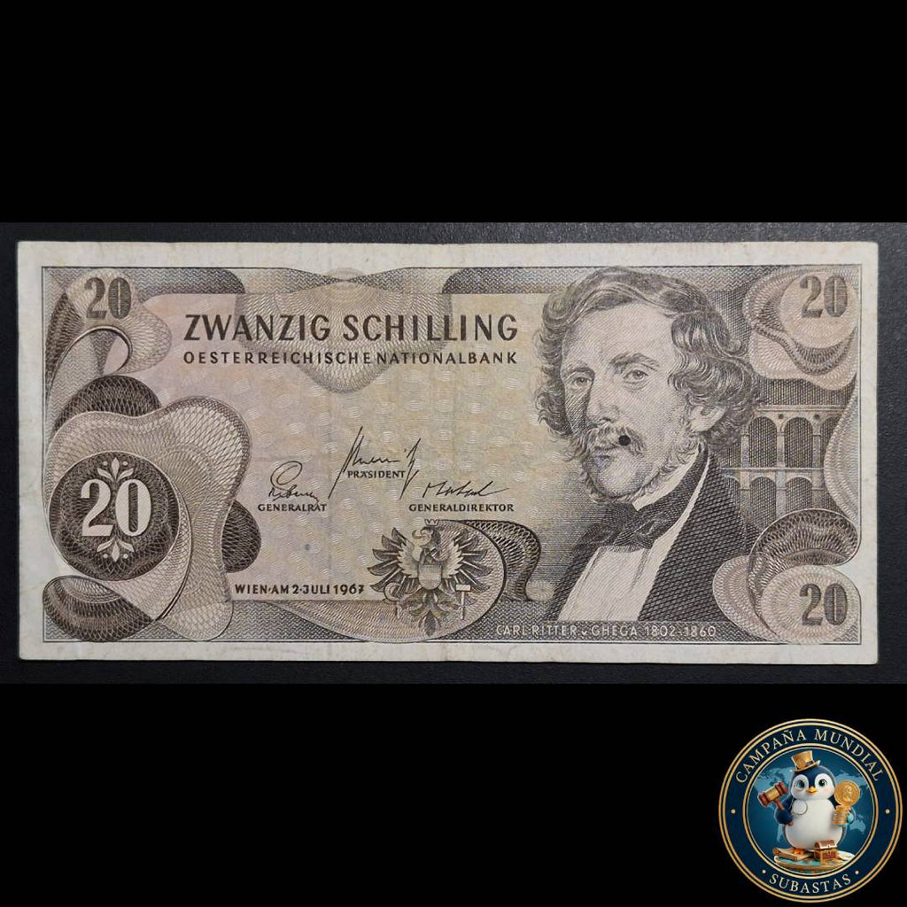 D829 .- BILLETE DE 20 SHELINES AUSTRIACOS. FECHADO: 2 DE JULIO DE 1967.   VF    AUSTRIA