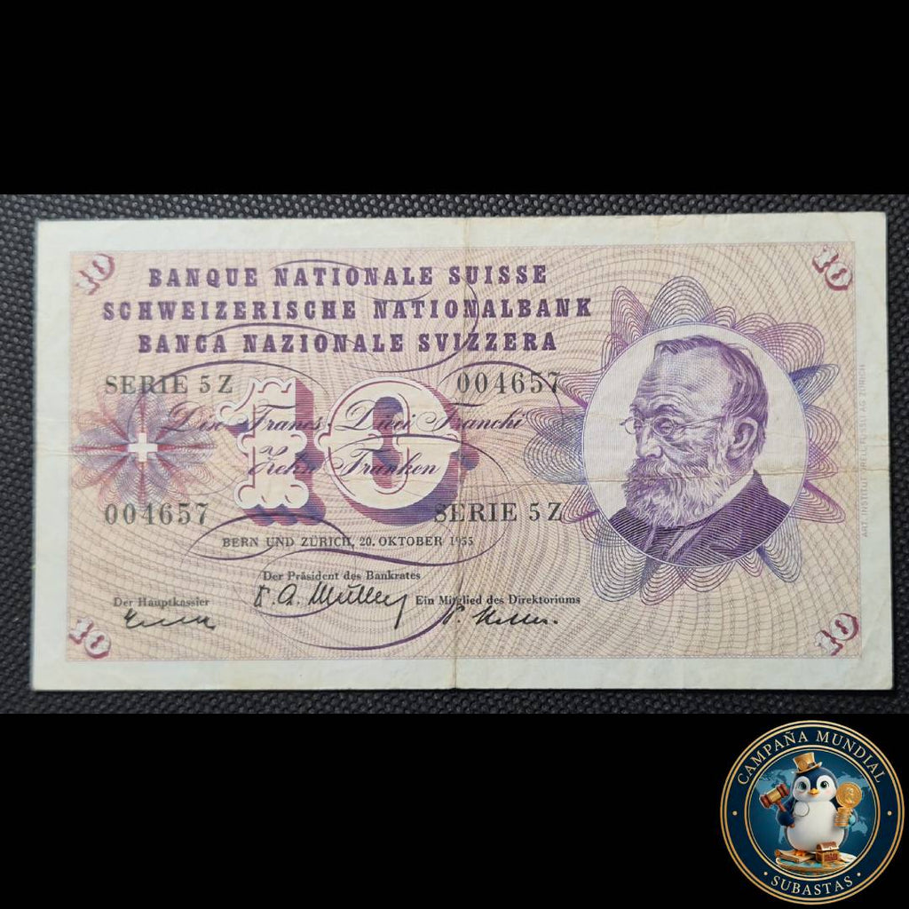 D836 .- BILLETE DE 10 FRANCOS SUIZOS  FECHADO: 20 DE OCTUBRE DE 1955. VF   SUIZA