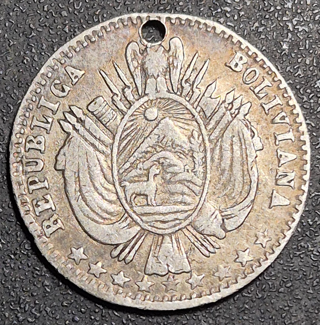 B637 .- MONEDA DE UN DÉCIMO DE SUELDO (50 C)   AÑO: 1865 PERFORADA    BOLIVIA
