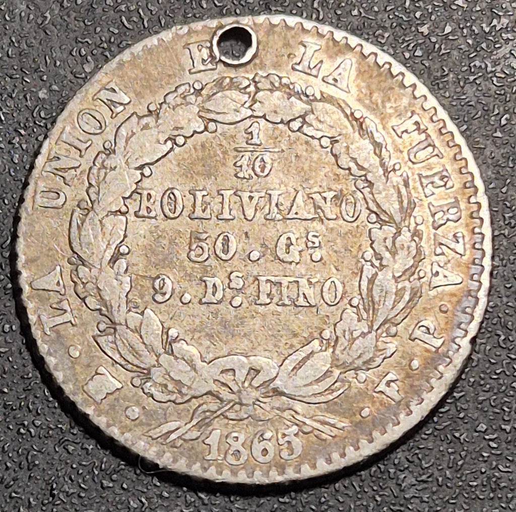 B637 .- MONEDA DE UN DÉCIMO DE SUELDO (50 C)   AÑO: 1865 PERFORADA    BOLIVIA