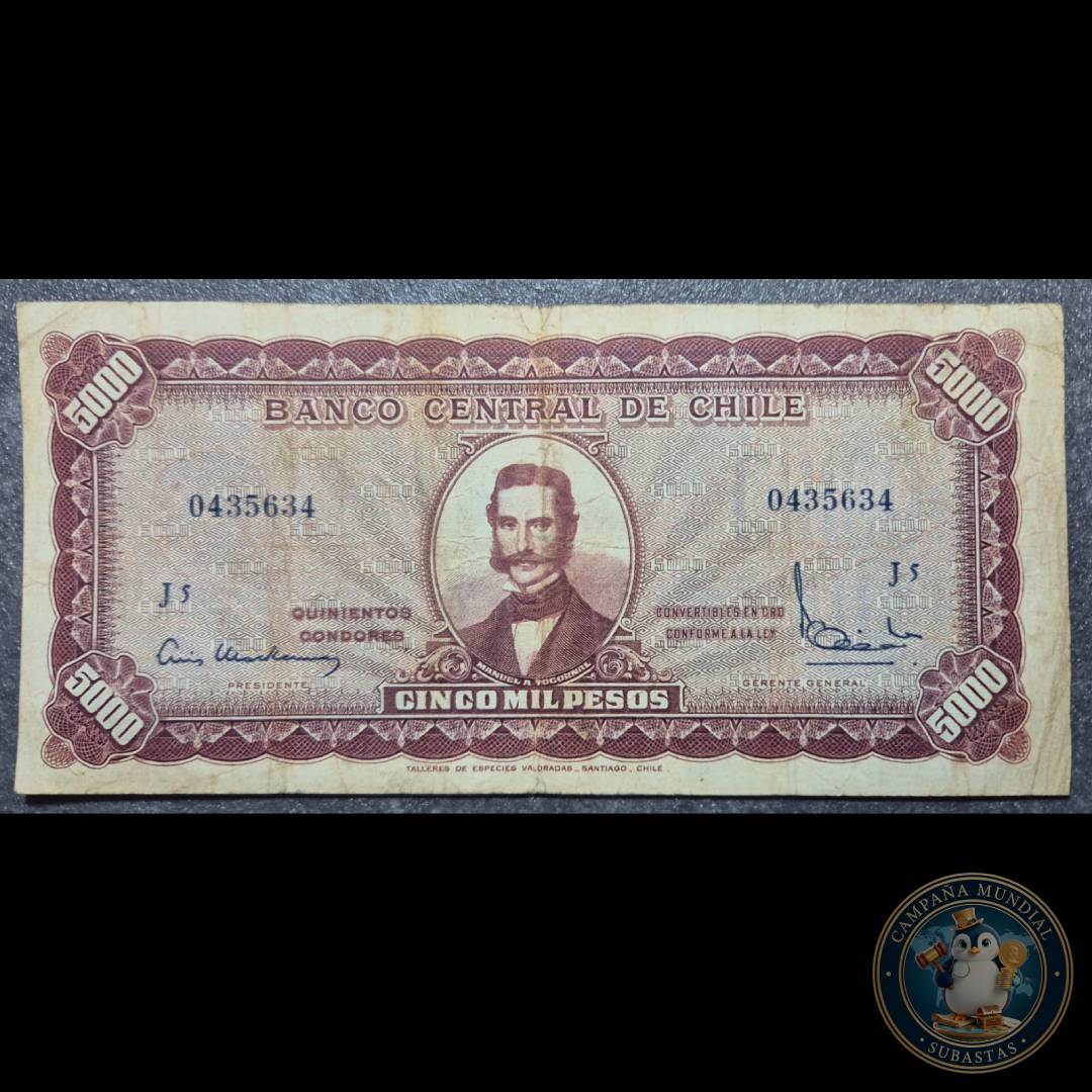 C1220 BILLETE DE 5000 ESCUDOS FIRMAS MAKENNA-IBAÑEZ CON SOBRECARGA DE 5 ESCUDOS  VF    CHILE
