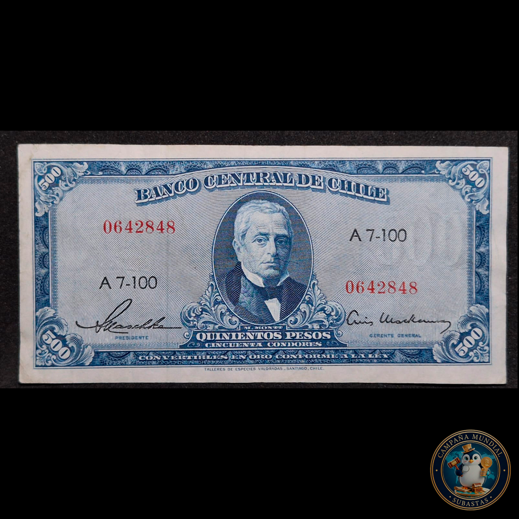 C300 .- BILLETE 500 PESOS AZUL    FIRMAS: MASCHKE-HERRERA   XF-     CHILE