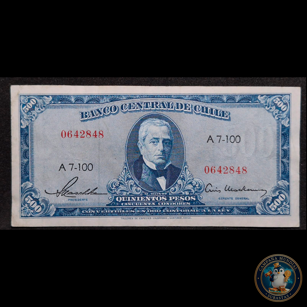 C300 .- BILLETE 500 PESOS AZUL    FIRMAS: MASCHKE-HERRERA   XF-     CHILE